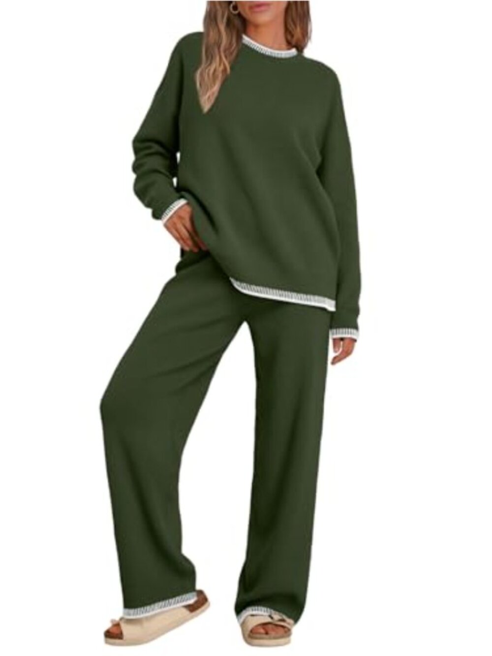 2 Piece Knit Sweater Lounge Set Wide Leg Pants Cozy